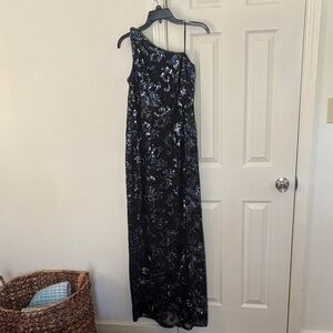 Elegant One Shoulder Black and Blue Dress